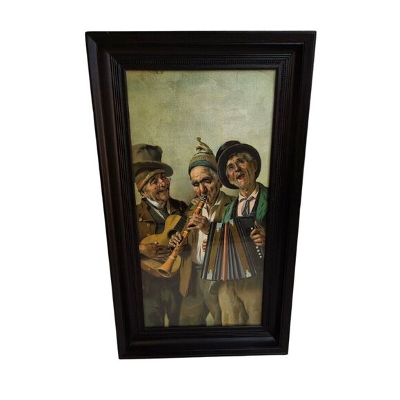 Vintage Framed Print Of Musicians Playing Instruments With Black Wooden Beaded F - Picture 1 of 12